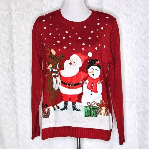Karen Scott Santa Snowman Reindeer & Sequins Red Knit Ugly Christmas Sweater - Picture 1 of 12
